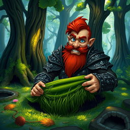 In a fantastical Dungeons & Dragons forest setting, a ruddy tan, red-haired male rock gnome artificer with striking sapphire-blue eyes, a red beard, and mustache is wearing intricately designed scale armor