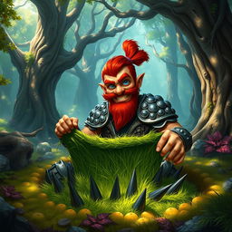 In a fantastical Dungeons & Dragons forest setting, a ruddy tan, red-haired male rock gnome artificer with striking sapphire-blue eyes, a red beard, and mustache is wearing intricately designed scale armor