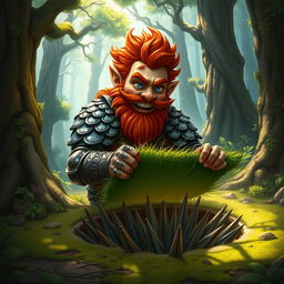 In a fantastical Dungeons & Dragons forest setting, a ruddy tan, red-haired male rock gnome artificer with striking sapphire-blue eyes, a red beard, and mustache is wearing intricately designed scale armor