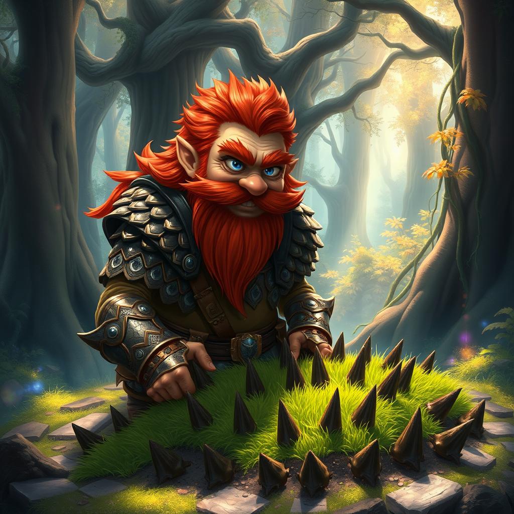 In a fantastical Dungeons & Dragons forest setting, a ruddy tan, red-haired male rock gnome artificer with striking sapphire-blue eyes, a red beard, and mustache is wearing intricately designed scale armor