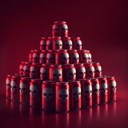 A pyramid composed of 2D red soda cans, each can featuring a distinct skull silhouette