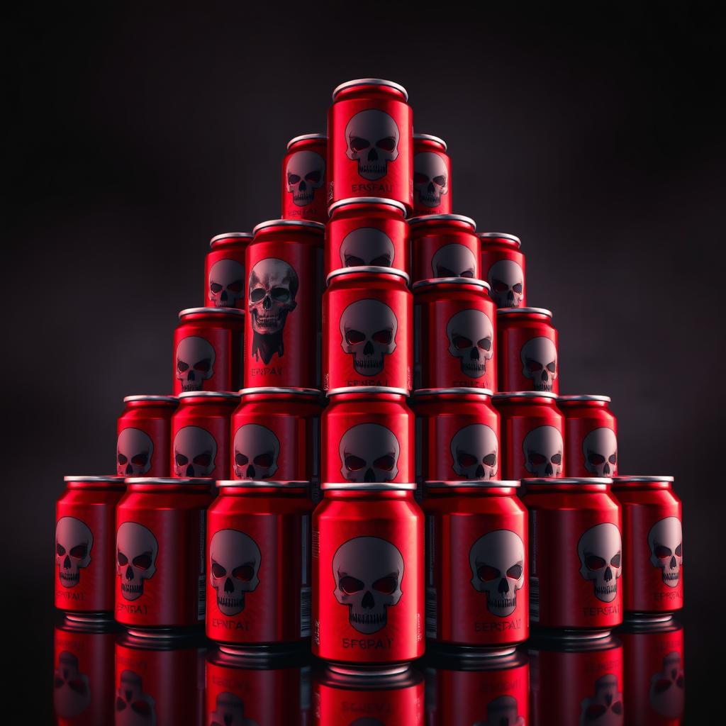 A pyramid composed of 2D red soda cans, each can featuring a distinct skull silhouette