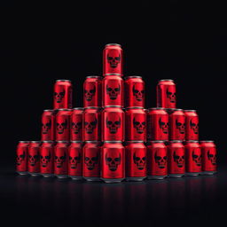 A pyramid composed of 2D red soda cans, each can featuring a distinct skull silhouette