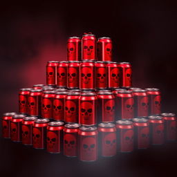 A pyramid composed of 2D red soda cans, each can featuring a distinct skull silhouette