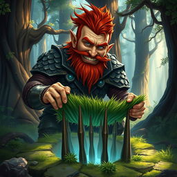 In a fantastical Dungeons & Dragons forest setting, a ruddy tan, red-haired male rock gnome artificer with striking sapphire-blue eyes, a red beard, and mustache is wearing intricately designed scale armor