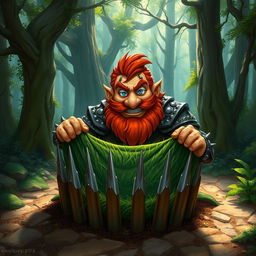 In a fantastical Dungeons & Dragons forest setting, a ruddy tan, red-haired male rock gnome artificer with striking sapphire-blue eyes, a red beard, and mustache is wearing intricately designed scale armor