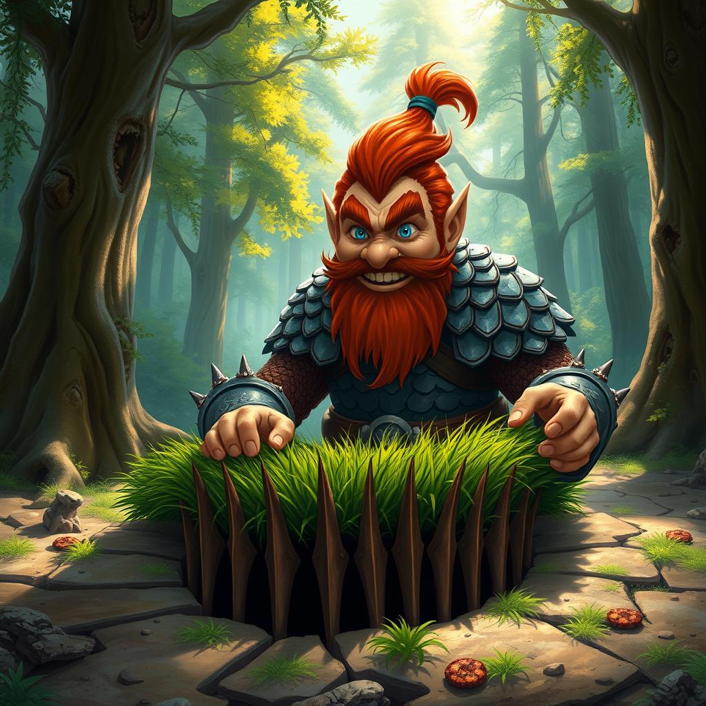 In a fantastical Dungeons & Dragons forest setting, a ruddy tan, red-haired male rock gnome artificer with striking sapphire-blue eyes, a red beard, and mustache is wearing intricately designed scale armor