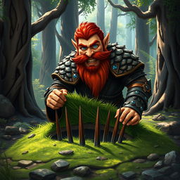 In a fantastical Dungeons & Dragons forest setting, a ruddy tan, red-haired male rock gnome artificer with striking sapphire-blue eyes, a red beard, and mustache is wearing intricately designed scale armor