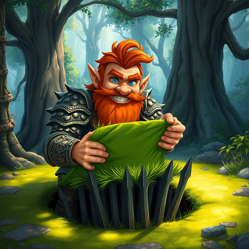 In a fantastical Dungeons & Dragons forest setting, a ruddy tan, red-haired male rock gnome artificer with striking sapphire-blue eyes, a red beard, and mustache is wearing intricately designed scale armor