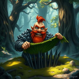 In a fantastical Dungeons & Dragons forest setting, a ruddy tan, red-haired male rock gnome artificer with striking sapphire-blue eyes, a red beard, and mustache is wearing intricately designed scale armor