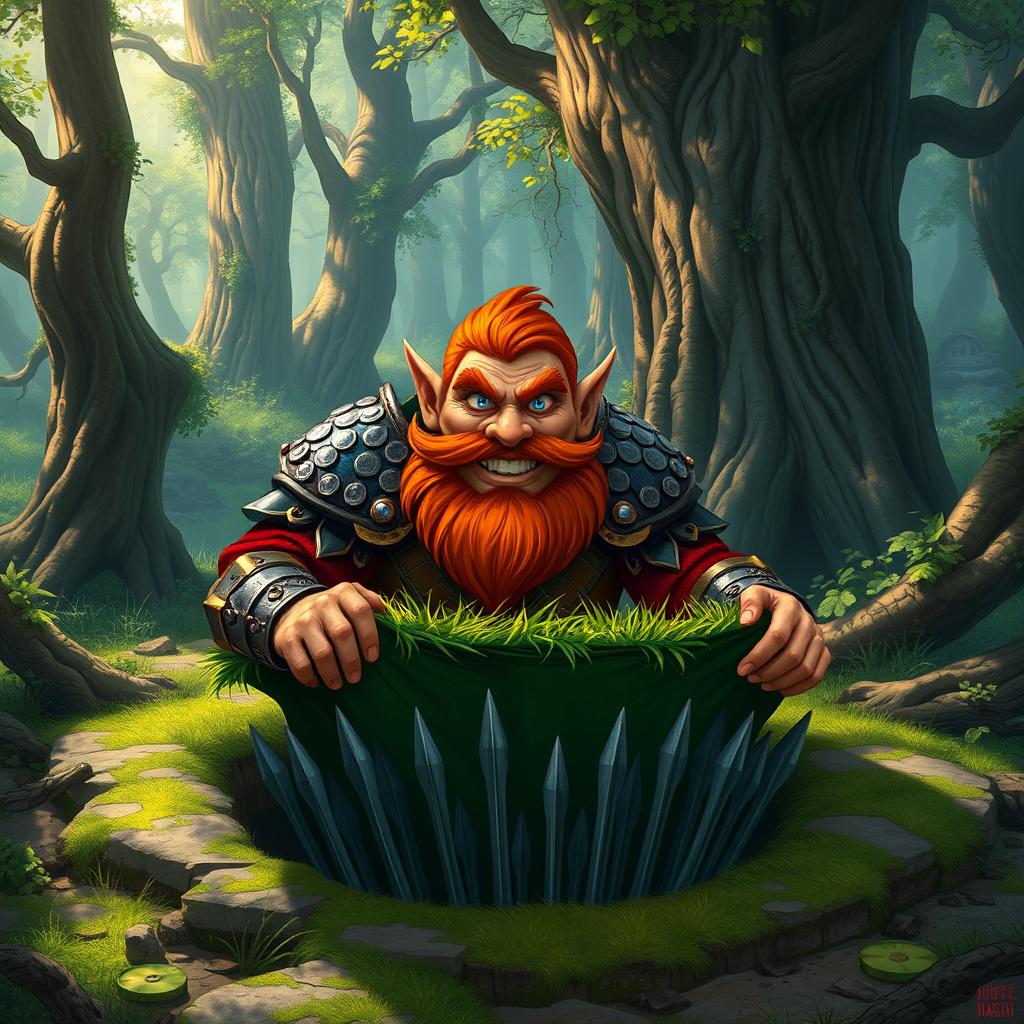 In a fantastical Dungeons & Dragons forest setting, a ruddy tan, red-haired male rock gnome artificer with striking sapphire-blue eyes, a red beard, and mustache is wearing intricately designed scale armor