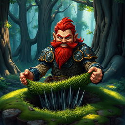 In a fantastical Dungeons & Dragons forest setting, a ruddy tan, red-haired male rock gnome artificer with striking sapphire-blue eyes, a red beard, and mustache is wearing intricately designed scale armor