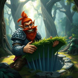 In a fantastical Dungeons & Dragons forest setting, a ruddy tan, red-haired male rock gnome artificer with striking sapphire-blue eyes, a red beard, and mustache is wearing intricately designed scale armor