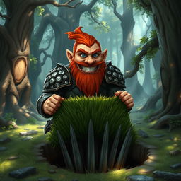 In a fantastical Dungeons & Dragons forest setting, a ruddy tan, red-haired male rock gnome artificer with striking sapphire-blue eyes, a red beard, and mustache is wearing intricately designed scale armor