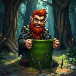 In a fantastical Dungeons & Dragons forest setting, a ruddy tan, red-haired male rock gnome artificer with striking sapphire-blue eyes, a red beard, and mustache is wearing intricately designed scale armor