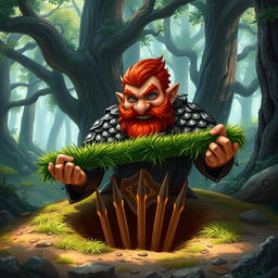 In a fantastical Dungeons & Dragons forest setting, a ruddy tan, red-haired male rock gnome artificer with striking sapphire-blue eyes, a red beard, and mustache is wearing intricately designed scale armor