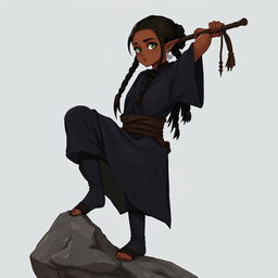 Full-body illustration of a 28-year-old dark-skinned half-elf with freckles and dark brown hair styled in 6 braids, having almond-shaped green eyes