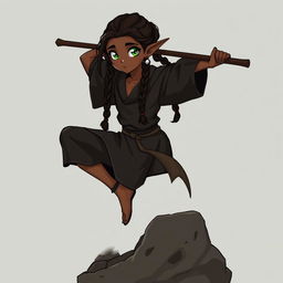 Full-body illustration of a 28-year-old dark-skinned half-elf with freckles and dark brown hair styled in 6 braids, having almond-shaped green eyes