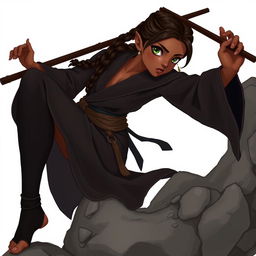 Full-body illustration of a 28-year-old dark-skinned half-elf with freckles and dark brown hair styled in 6 braids, having almond-shaped green eyes