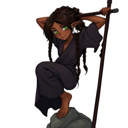 Full-body illustration of a 28-year-old dark-skinned half-elf with freckles and dark brown hair styled in 6 braids, having almond-shaped green eyes