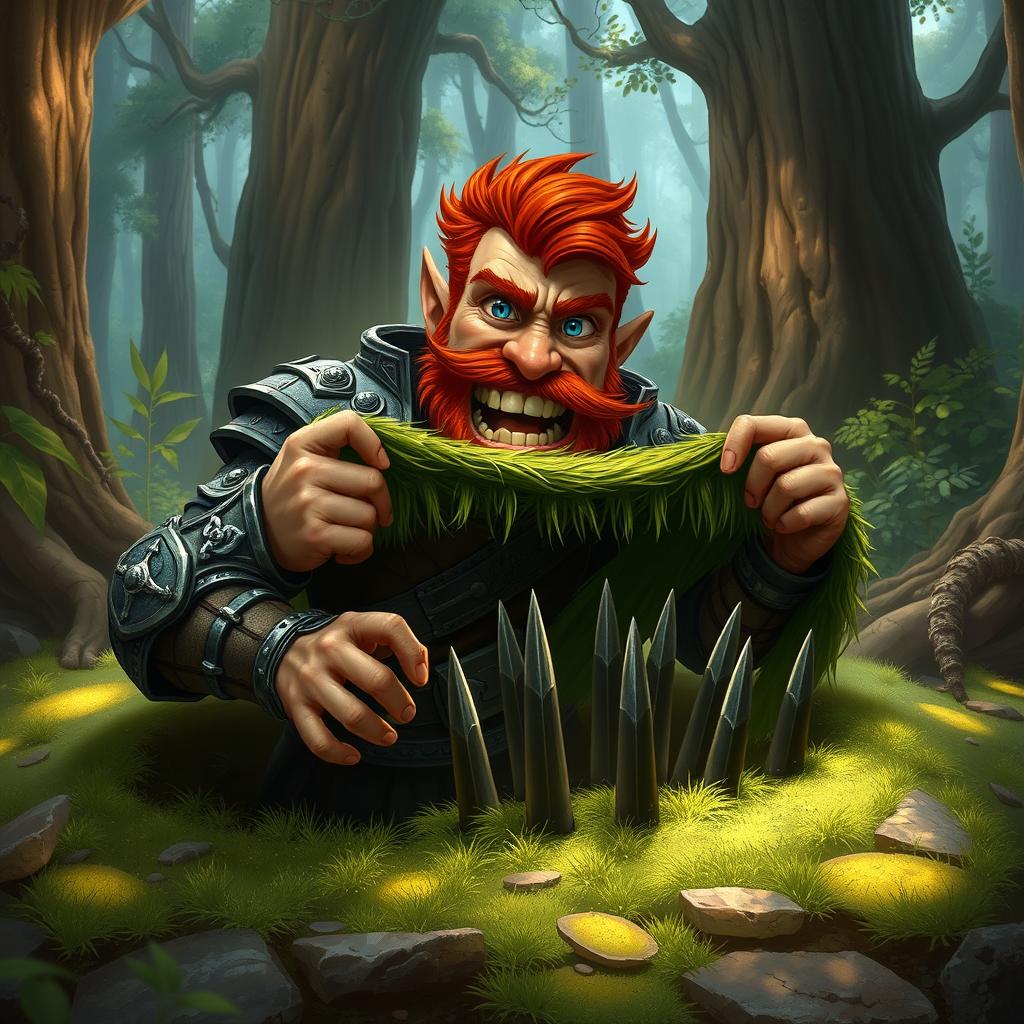 In a fantastical Dungeons & Dragons forest setting, a ruddy tan, red-haired male rock gnome artificer with striking sapphire-blue eyes, a red beard, and mustache is wearing intricately designed scale armor