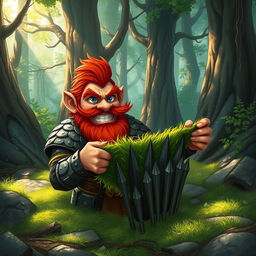 In a fantastical Dungeons & Dragons forest setting, a ruddy tan, red-haired male rock gnome artificer with striking sapphire-blue eyes, a red beard, and mustache is wearing intricately designed scale armor