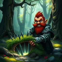 In a fantastical Dungeons & Dragons forest setting, a ruddy tan, red-haired male rock gnome artificer with striking sapphire-blue eyes, a red beard, and mustache is wearing intricately designed scale armor