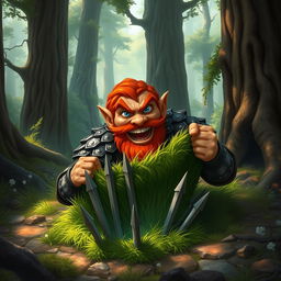 In a fantastical Dungeons & Dragons forest setting, a ruddy tan, red-haired male rock gnome artificer with striking sapphire-blue eyes, a red beard, and mustache is wearing intricately designed scale armor