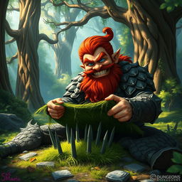 In a fantastical Dungeons & Dragons forest setting, a ruddy tan, red-haired male rock gnome artificer with striking sapphire-blue eyes, a red beard, and mustache is wearing intricately designed scale armor