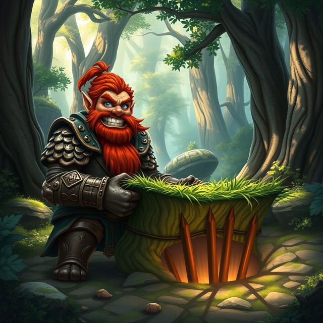 In a fantastical Dungeons & Dragons forest setting, a ruddy tan, red-haired male rock gnome artificer with striking sapphire-blue eyes, a red beard, and mustache is wearing intricately designed scale armor