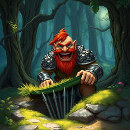 In a fantastical Dungeons & Dragons forest setting, a ruddy tan, red-haired male rock gnome artificer with striking sapphire-blue eyes, a red beard, and mustache is wearing intricately designed scale armor