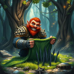 In a fantastical Dungeons & Dragons forest setting, a ruddy tan, red-haired male rock gnome artificer with striking sapphire-blue eyes, a red beard, and mustache is wearing intricately designed scale armor