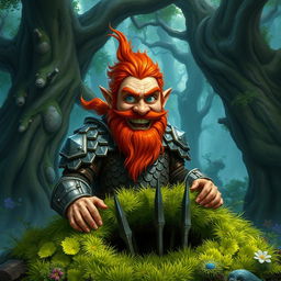 In a fantastical Dungeons & Dragons forest setting, a ruddy tan, red-haired male rock gnome artificer with striking sapphire-blue eyes, a red beard, and mustache is wearing intricately designed scale armor