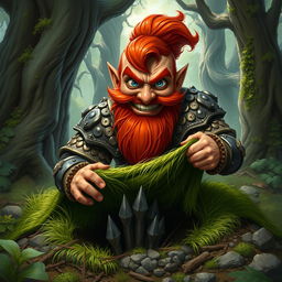 In a fantastical Dungeons & Dragons forest setting, a ruddy tan, red-haired male rock gnome artificer with striking sapphire-blue eyes, a red beard, and mustache is wearing intricately designed scale armor