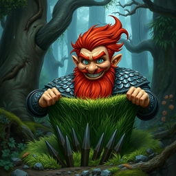 In a fantastical Dungeons & Dragons forest setting, a ruddy tan, red-haired male rock gnome artificer with striking sapphire-blue eyes, a red beard, and mustache is wearing intricately designed scale armor