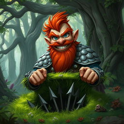 In a fantastical Dungeons & Dragons forest setting, a ruddy tan, red-haired male rock gnome artificer with striking sapphire-blue eyes, a red beard, and mustache is wearing intricately designed scale armor