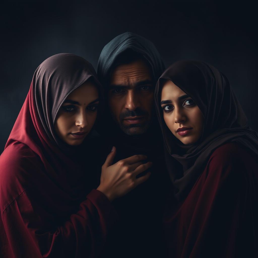 A melancholic scene featuring polygamy with two women in hijabs and one man