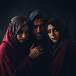 A melancholic scene featuring polygamy with two women in hijabs and one man