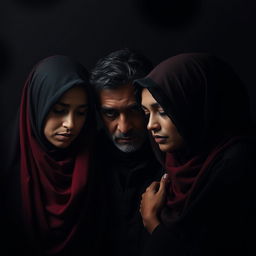 A melancholic scene featuring polygamy with two women in hijabs and one man