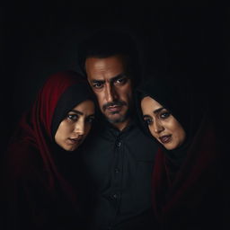 A melancholic scene featuring polygamy with two women in hijabs and one man