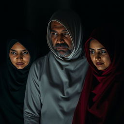 A melancholic scene featuring polygamy with two women in hijabs and one man