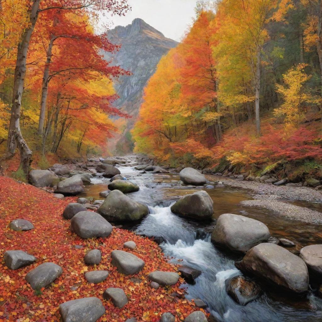 Generate an image of a peaceful, serene valley in the midst of peak autumn, with leaves of striking gold, red, and orange gently falling, and a small tranquil river running through it.