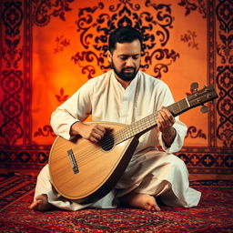 A man passionately playing the kanun, a traditional Middle-Eastern string instrument