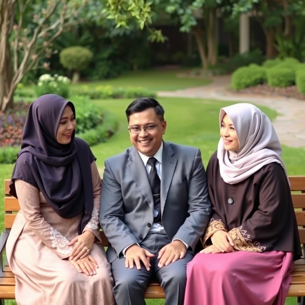 a polygamous relationship featuring two women wearing hijabs and one man, all looking happy and harmonious