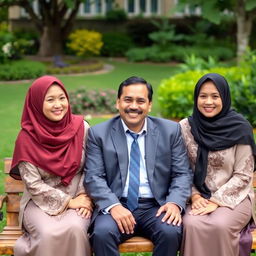 a polygamous relationship featuring two women wearing hijabs and one man, all looking happy and harmonious