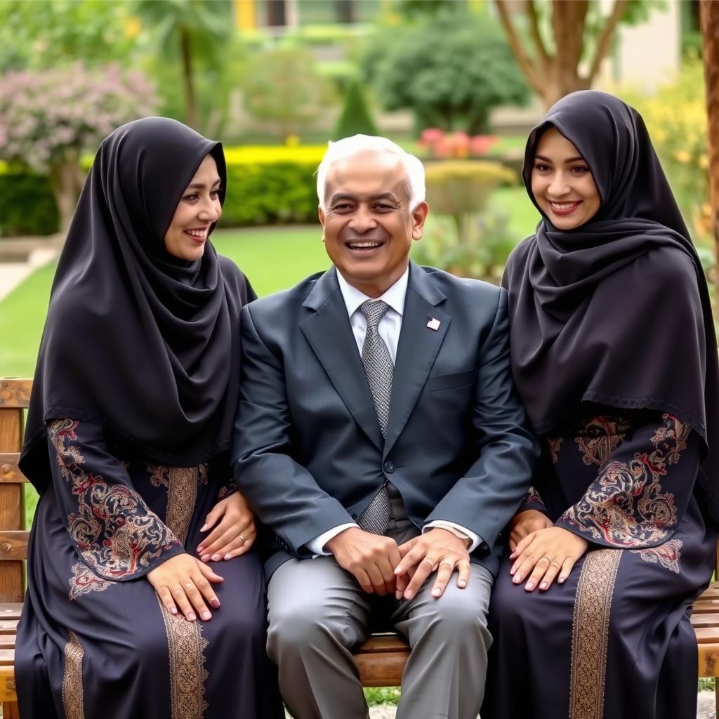 a polygamous relationship featuring two women wearing hijabs and one man, all looking happy and harmonious