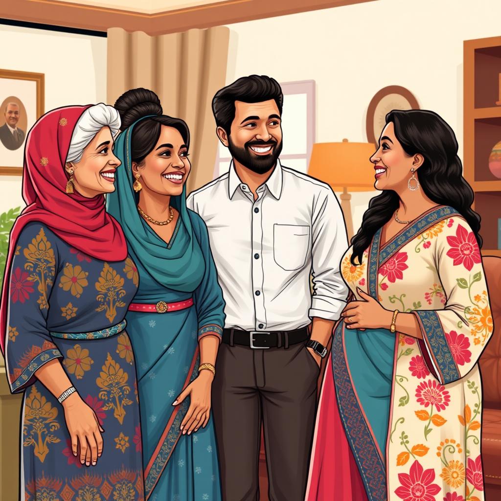 a respectful illustration of a polygamous relationship, showcasing a diverse group of three adults