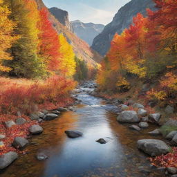 Generate an image of a peaceful, serene valley in the midst of peak autumn, with leaves of striking gold, red, and orange gently falling, and a small tranquil river running through it.