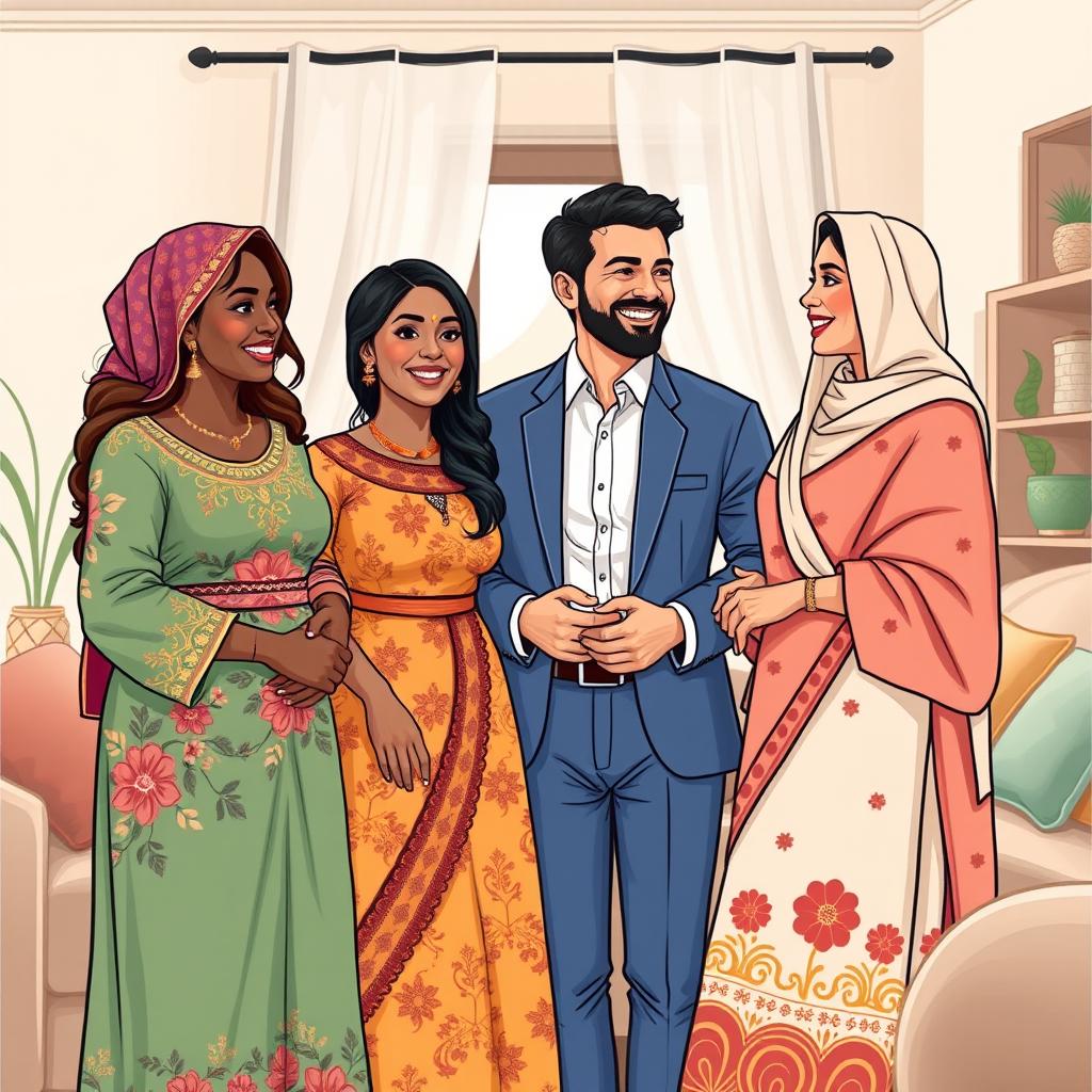 a respectful illustration of a polygamous relationship, showcasing a diverse group of three adults