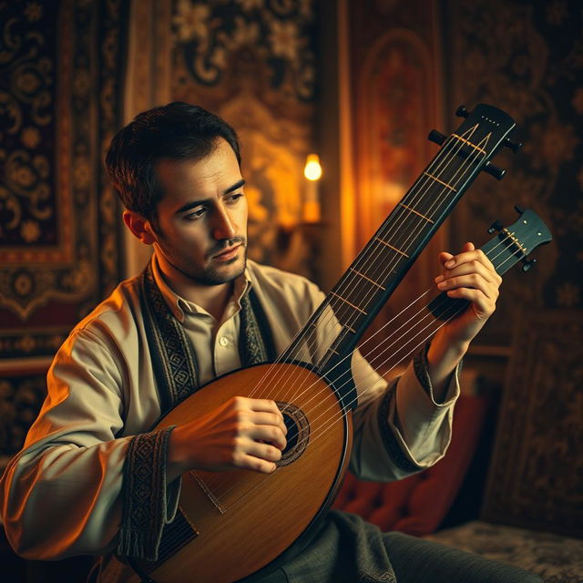 A musician skillfully playing a qanun, a traditional Turkish string instrument, with focused concentration